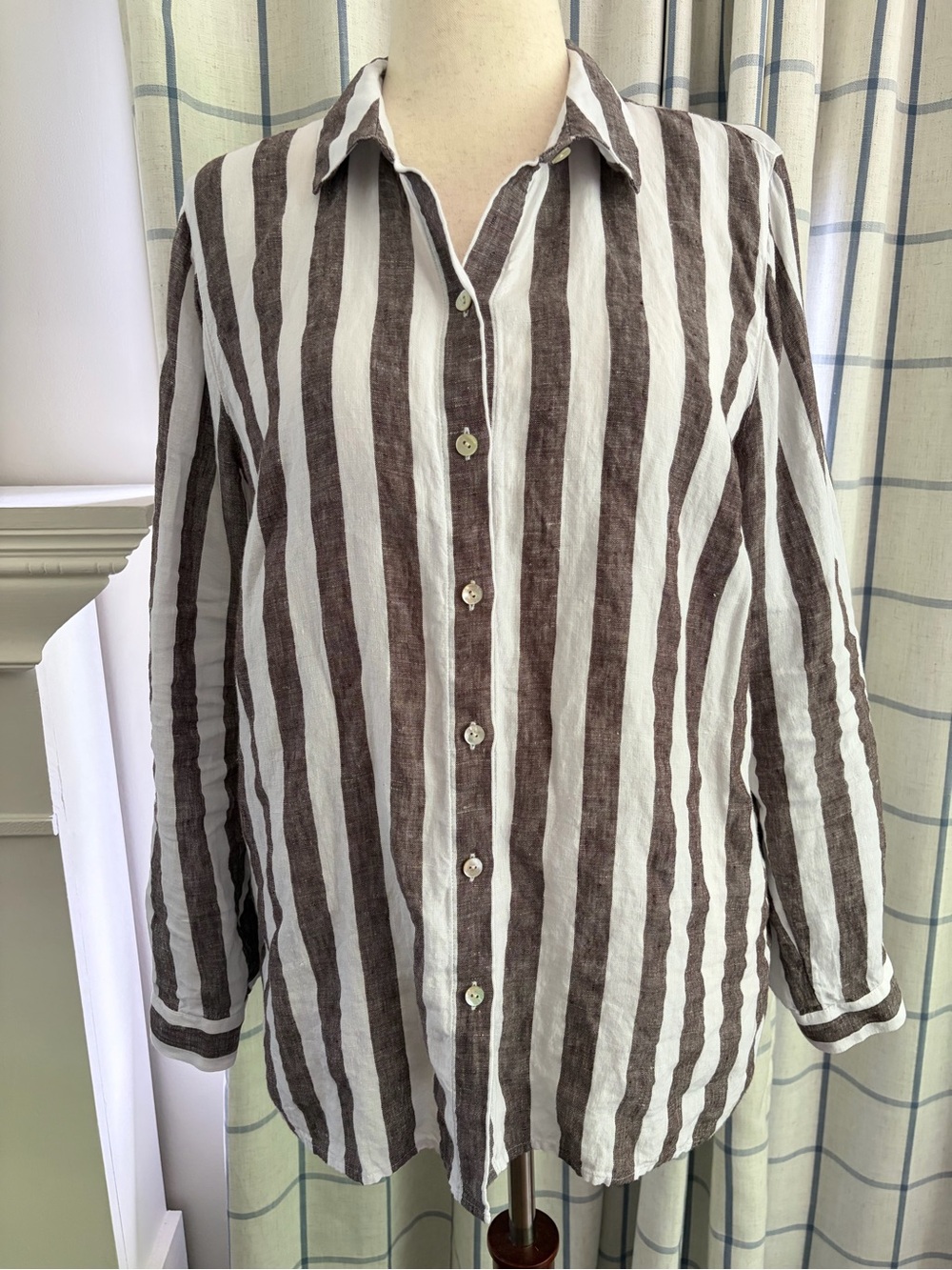 J. Jill Linen Chocolate Brown Vertical Striped Long Sleeve Button Down Shirt